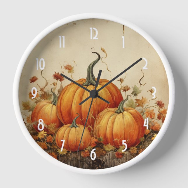 Orange Pumpkins Rustic Autumn Clock (Front)