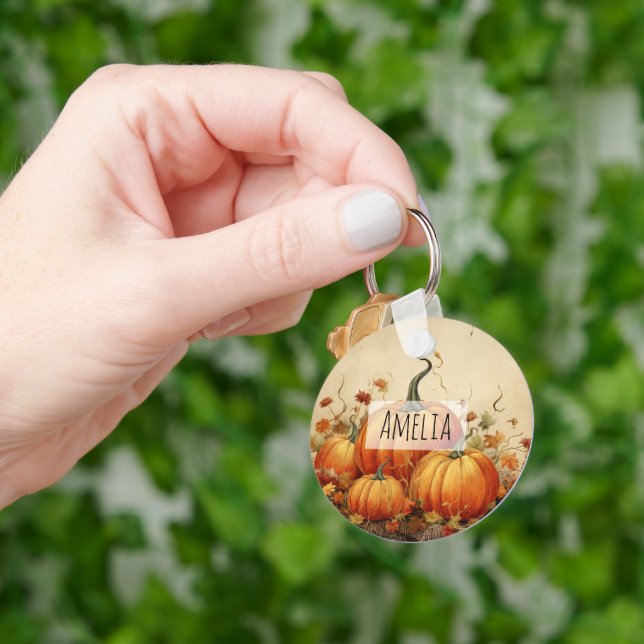 Orange Pumpkins Rustic Autumn Key Ring (Hand)