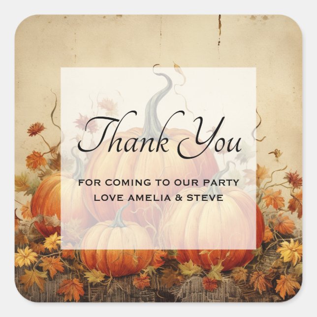 Orange Pumpkins Rustic Autumn Party Thank You Square Sticker (Front)