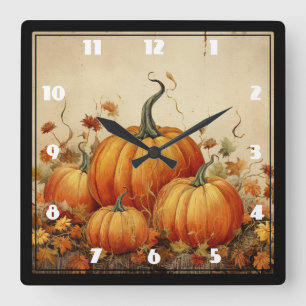 Orange Pumpkins Rustic Autumn Square Wall Clock