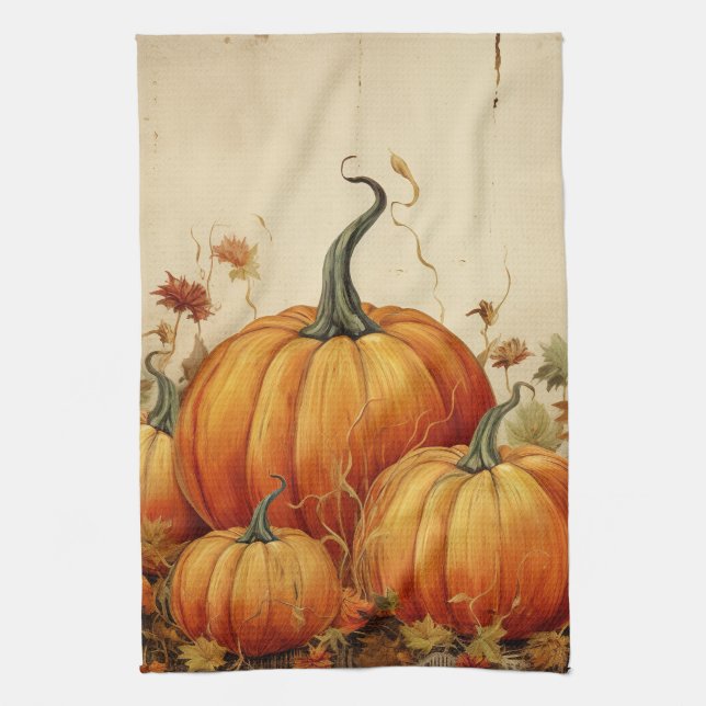 Orange Pumpkins Rustic Autumn Tea Towel (Vertical)