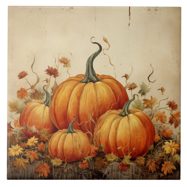 Orange Pumpkins Rustic Autumn Thanksgiving Ceramic Tile (Front)