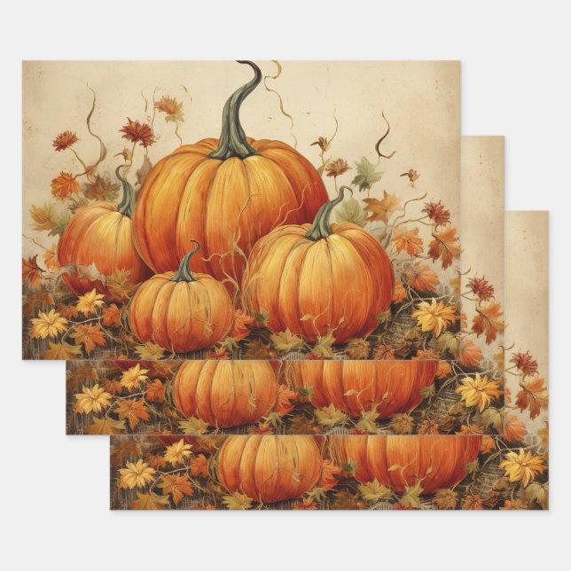 Orange Pumpkins Rustic Autumn Wrapping Paper Sheet (Set)