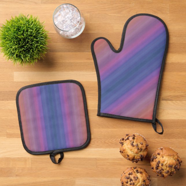 Orange Purple and Blue Horizontal Stripes Design Oven Mitt & Pot Holder Set (Top Down)
