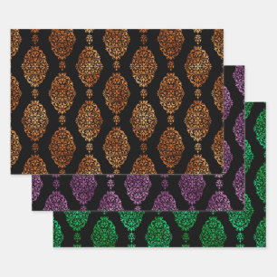 Orange, Purple, and Green Halloween Damask Wrapping Paper Sheet