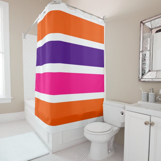 Orange, Purple and Hot Pink Stripes Shower Curtain (In Situ)