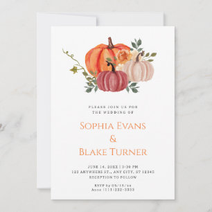 Orange, Purple and White Pumpkin White Wedding Invitation