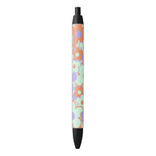 Orange Purple Blue Retro Y2K 70s Flower Pattern Black Ink Pen