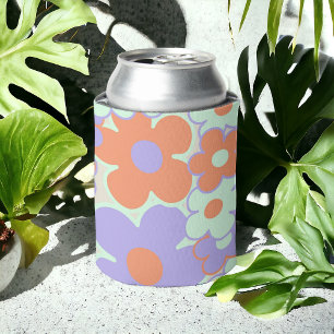 Orange Purple Blue Retro Y2K 70s Flower Pattern Can Cooler
