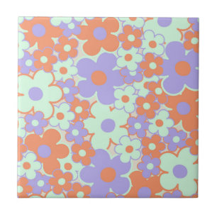 Orange Purple Blue Retro Y2K 70s Flower Pattern Ceramic Tile