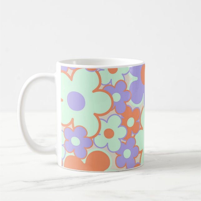 Orange Purple Blue Retro Y2K 70s Flower Pattern Coffee Mug (Left)