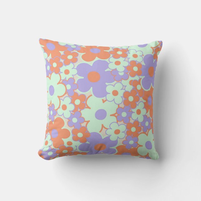 Orange Purple Blue Retro Y2K 70s Flower Pattern Cushion (Front)