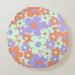 Orange Purple Blue Retro Y2K 70s Flower Pattern Round Cushion