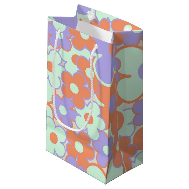 Orange Purple Blue Retro Y2K 70s Flower Pattern Small Gift Bag (Front Angled)