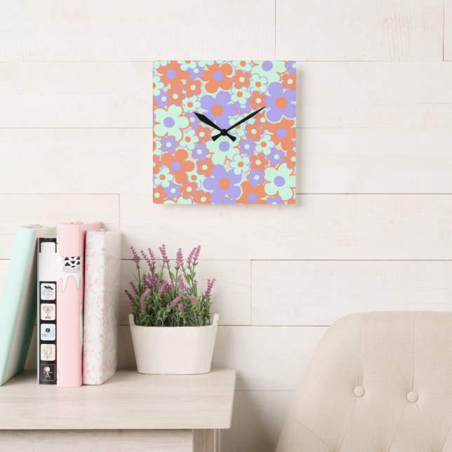 Orange Purple Blue Retro Y2K 70s Flower Pattern Square Wall Clock (Reading Room)