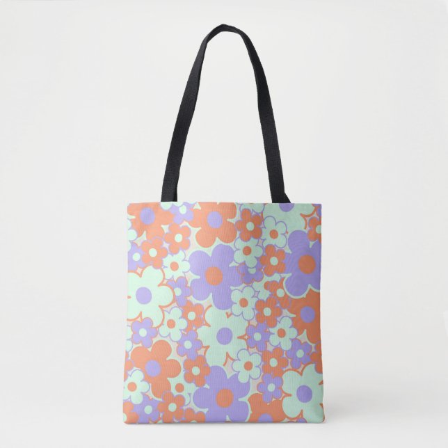 Orange Purple Blue Retro Y2K 70s Flower Pattern Tote Bag (Front)
