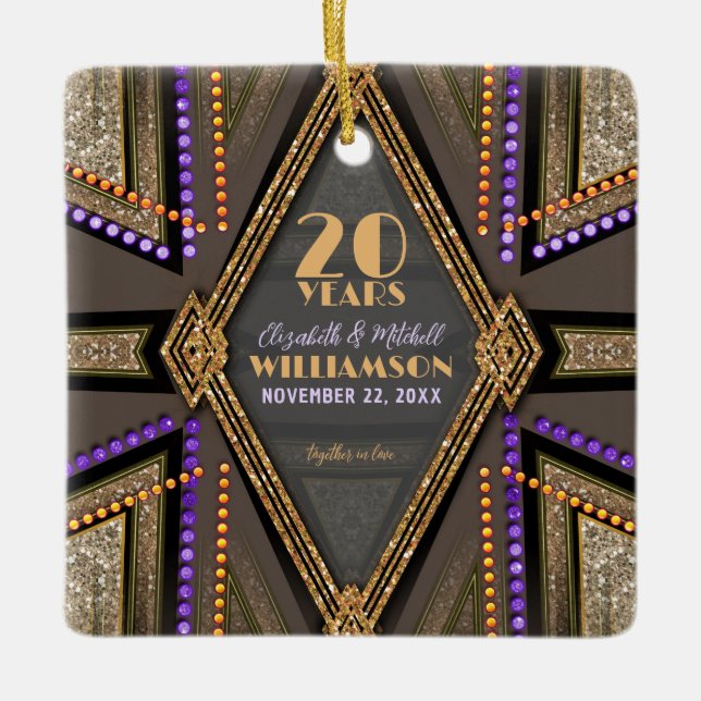 Orange Purple Bohemian Chic 20 Years Anniversary Ceramic Ornament (Front)