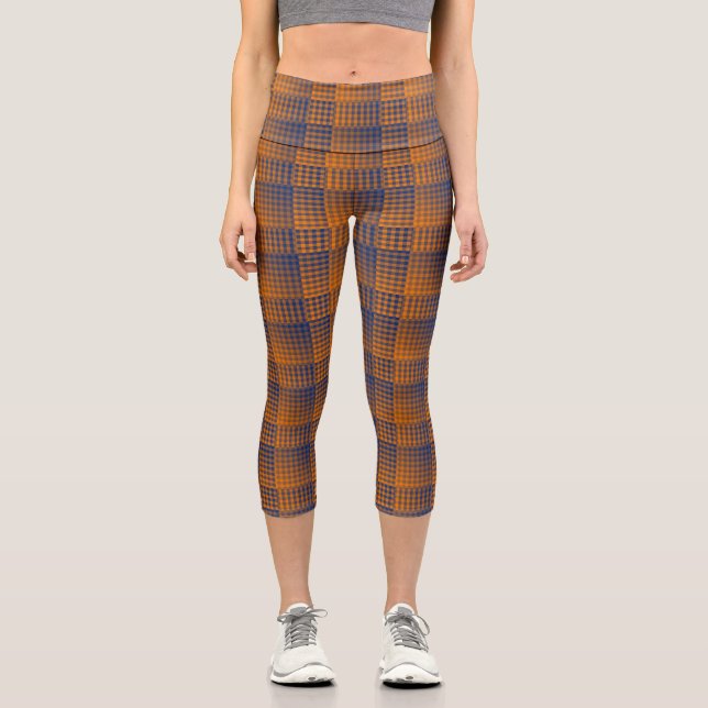 Orange Purple Chequered Abstract Pattern Capri Leggings (Front)