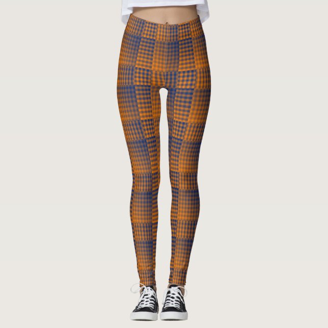 Orange Purple Chequered Abstract Pattern Leggings (Front)
