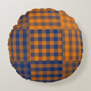 Orange Purple Chequered Patchwork Pattern Round Cushion