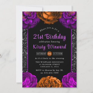 Orange & Purple Fall Flowers Halloween Birthday Invitation