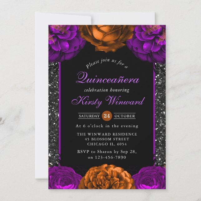 Orange & Purple Fall Flowers Halloween Quinceanera Invitation (Front)