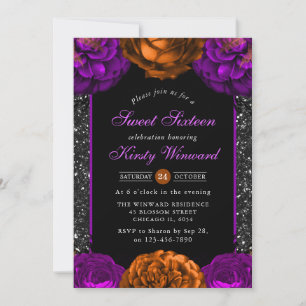 Orange & Purple Fall Flowers Halloween Sweet 16 Invitation