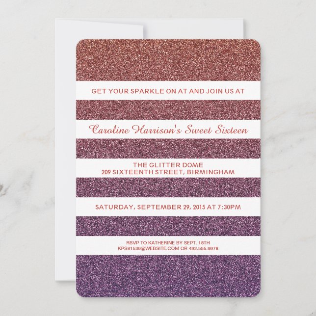 Orange Purple Faux Glitter Ombre Sweet 16 Party Invitation (Front)