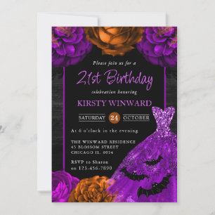 Orange & Purple Floral Dress Halloween Birthday Invitation