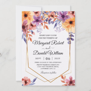 orange purple floral wedding invitations