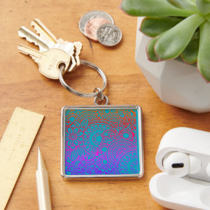 Orange Purple Flowers and  Blue Background Key Ring