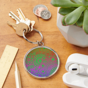 Orange Purple Flowers and  Light Green Background Key Ring