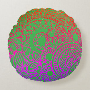 Orange Purple Flowers and Light Green Background Round Cushion