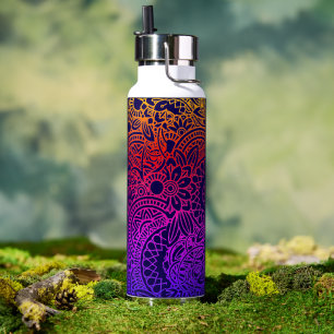 Orange Purple Flowers and Navy Blue Background Water Bottle