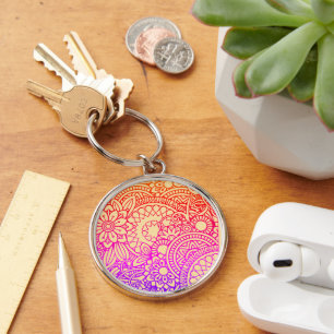Orange Purple Flowers and  Soft Peach Background Key Ring