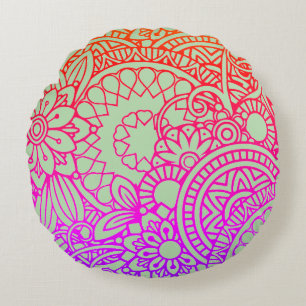 Orange Purple Flowers and Soft Sage Background Round Cushion