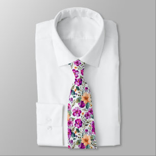 Orange Purple Flowers Floral Pattern Tie