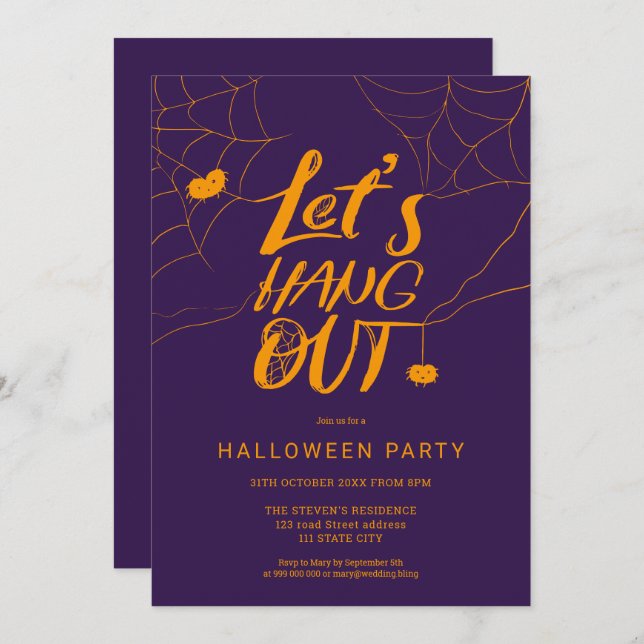 Orange purple Halloween spider hang out script Invitation (Front/Back)