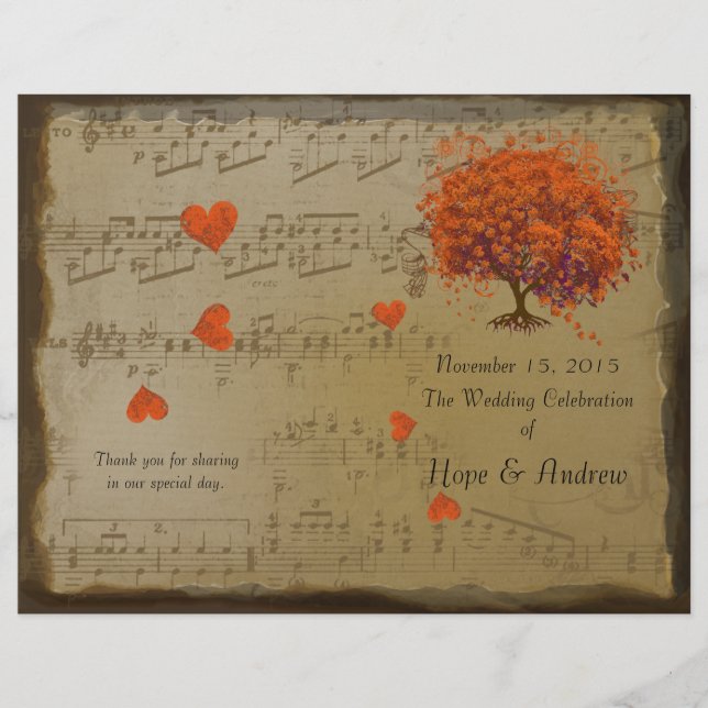 Orange & Purple Heart Leaf Tree Wedding Program (Front)