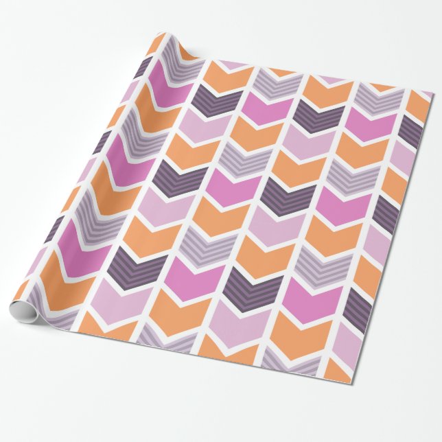 Orange Purple Pink Geometric Chevron Pattern Wrapping Paper (Unrolled)