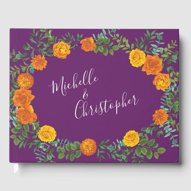 Orange & Purple Plum Peony & Rose Floral Wedding Guest Book (Front)