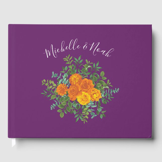 Orange & Purple Plum Peony & Rose Floral Wedding Guest Book (Front)