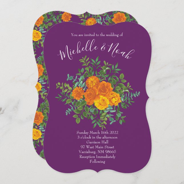Orange & Purple Plum Peony & Rose Floral Wedding Invitation (Front/Back)