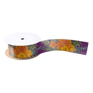 Orange & Purple Plum Peony & Rose Floral Wedding Satin Ribbon