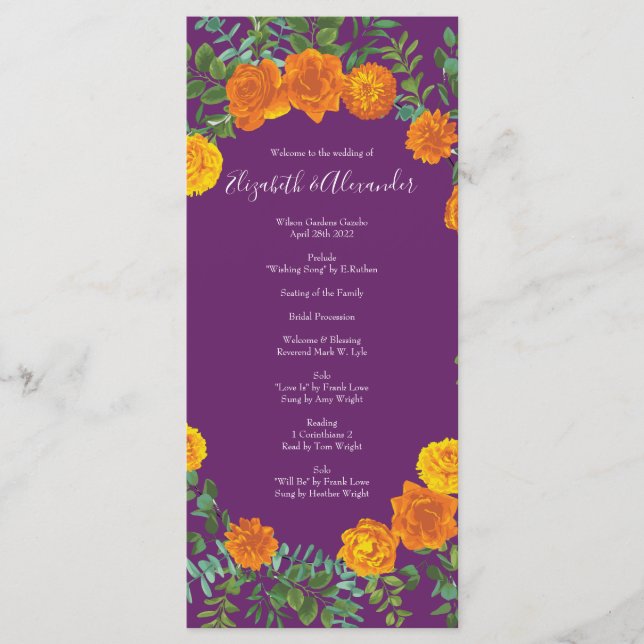 Orange Purple Plum Peony Rose Wedding Programs (Front)
