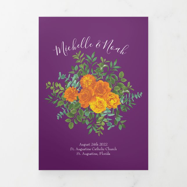 Orange & Purple Plum Peony Rose Wedding Programs Tri-Fold Programme (Cover)