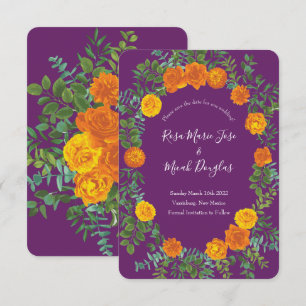 Orange & Purple Plum Peony Rose Wedding Save Date Invitation