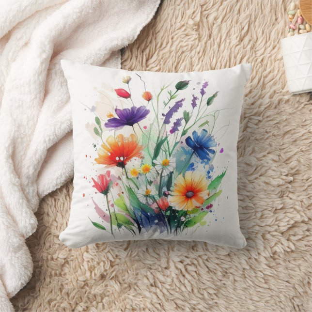 Orange Purple Red Blue Watercolor Flowers Cushion (Blanket)
