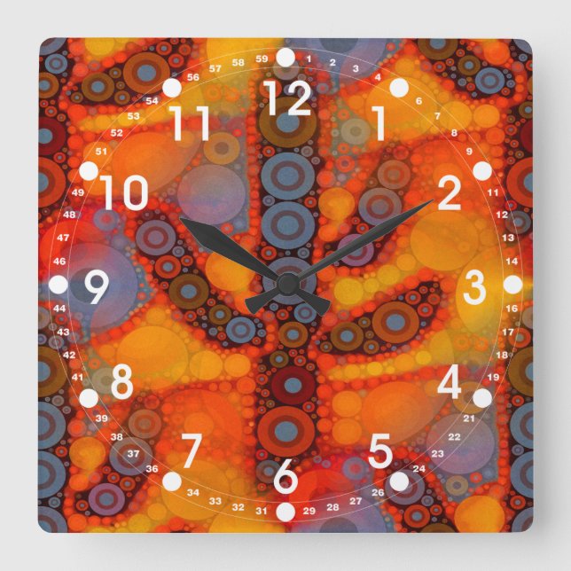 Orange Purple Southwestern Saguaro Cactus Mosaic Square Wall Clock (Front)