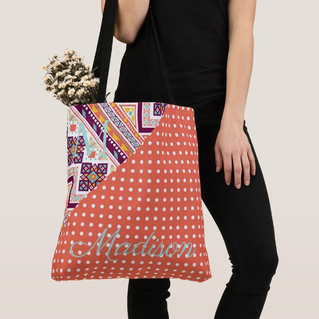 Orange Purple Trendy Dots Aztec Name Monogram Tote Bag (Close Up)